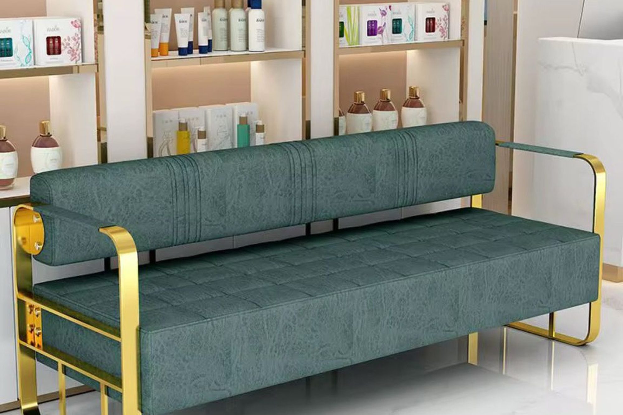 Luxury Salon Waiting Sofa / Reception Bench (Gold Frame)