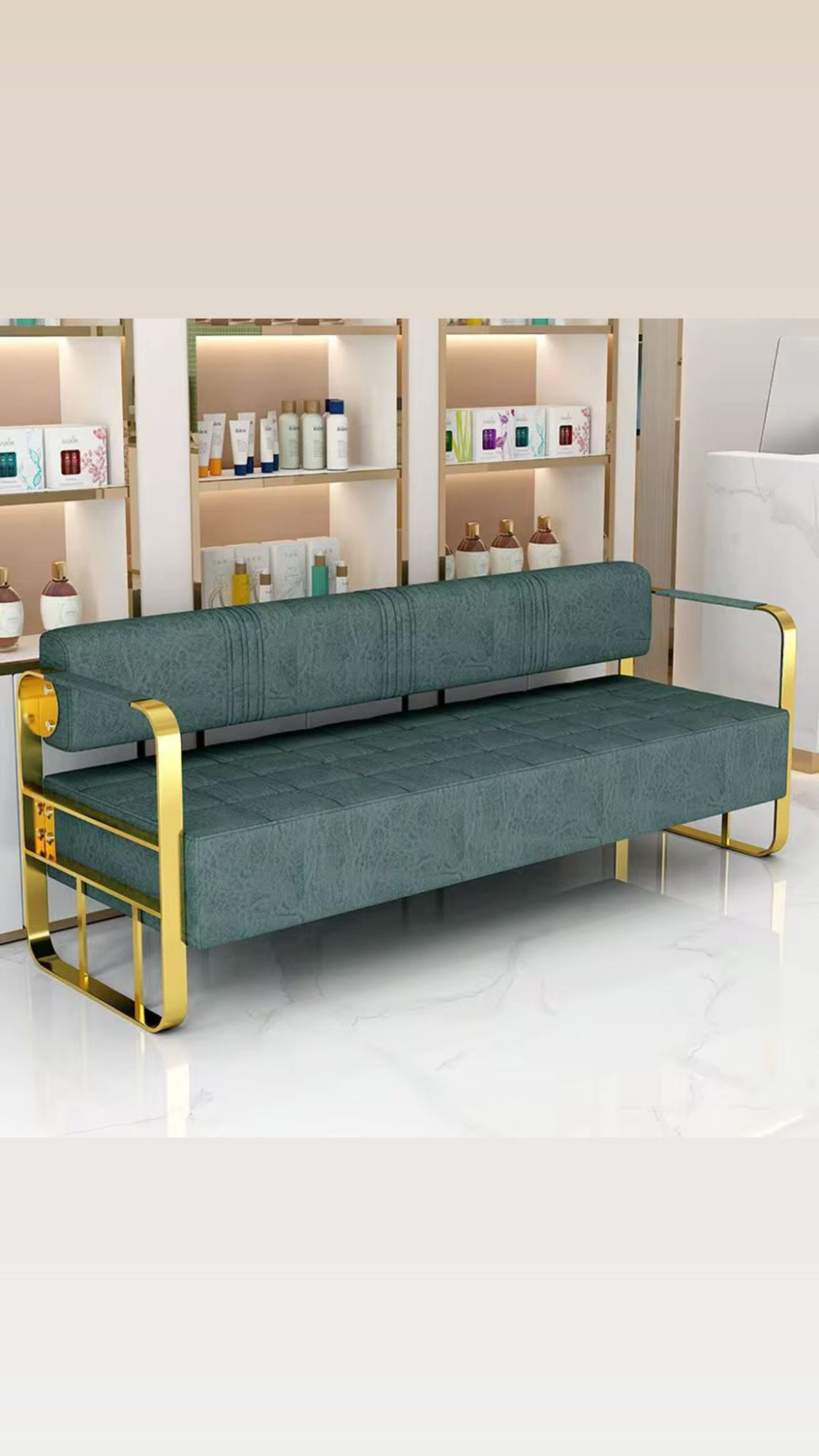 Luxury Salon Waiting Sofa / Reception Bench (Gold Frame)